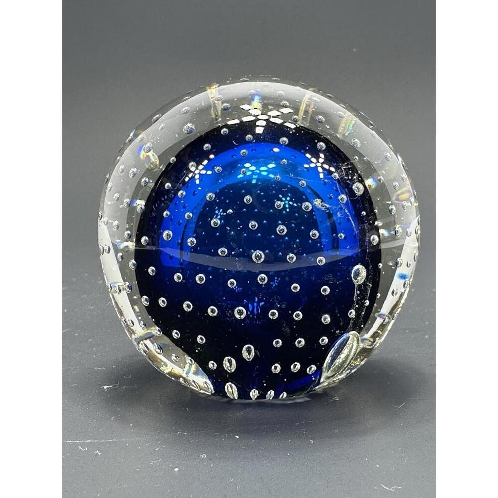 VTG Ball in Ball Cobalt Blue Glass Controled Bubbles Paperweight‎ Norleans Japan